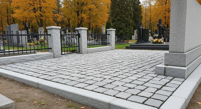 Благоустройство захоронений в Южно-Сахалинске — мощение гранитной плиткой, цоколь и ограда на ухоженном участке