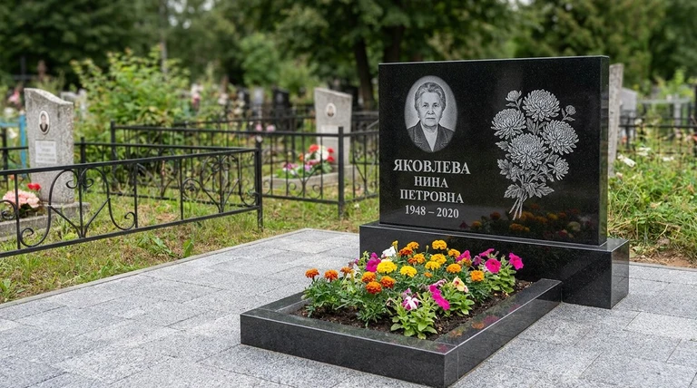 Гравировка хризантем на памятник в Южно-Сахалинске — пример работы на граните