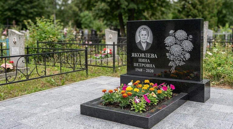 Памятник с гравировкой хризантем — выполненная работа «Соколов» в Южно-Сахалинске