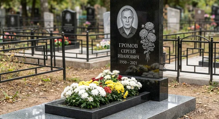 Памятник с гравировкой хризантем — выполненная работа «Громов» в Южно-Сахалинске