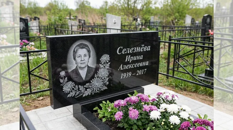Памятник с гравировкой хризантем — выполненная работа «Селезнёва» в Южно-Сахалинске