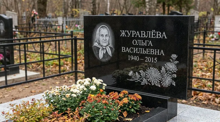Памятник с гравировкой хризантем — выполненная работа «Журавлёва» в Южно-Сахалинске