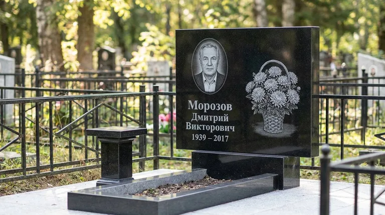 Памятник с гравировкой хризантем — выполненная работа «Морозов» в Южно-Сахалинске
