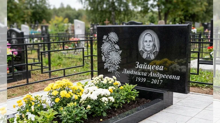Памятник с гравировкой хризантем — выполненная работа «Зайцева» в Южно-Сахалинске
