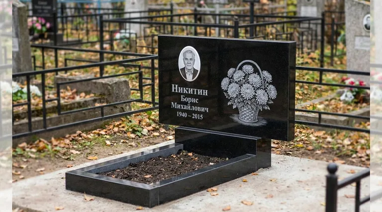 Памятник с гравировкой хризантем — выполненная работа «Никитин» в Южно-Сахалинске