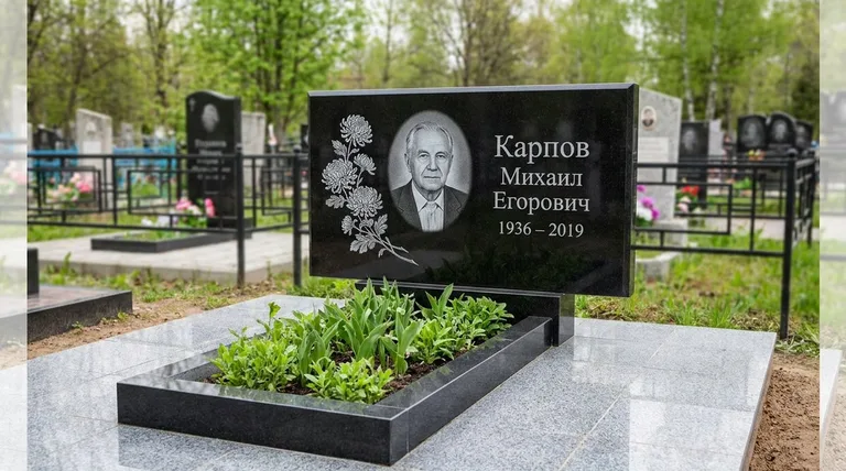 Памятник с гравировкой хризантем — выполненная работа «Карпов» в Южно-Сахалинске