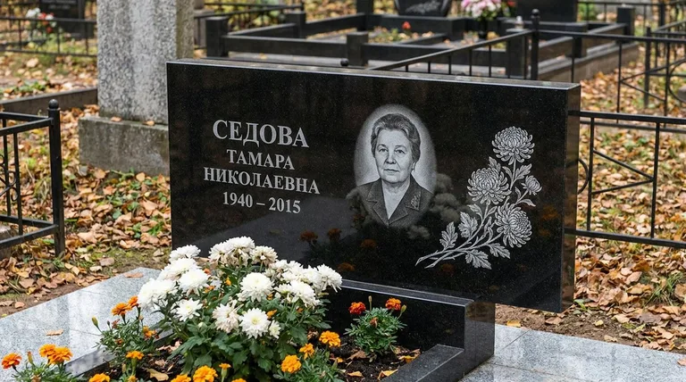 Памятник с гравировкой хризантем — выполненная работа «Седова» в Южно-Сахалинске