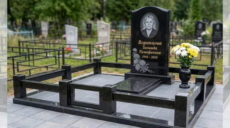 Памятник с гравировкой хризантем — выполненная работа «Воронцова» в Южно-Сахалинске