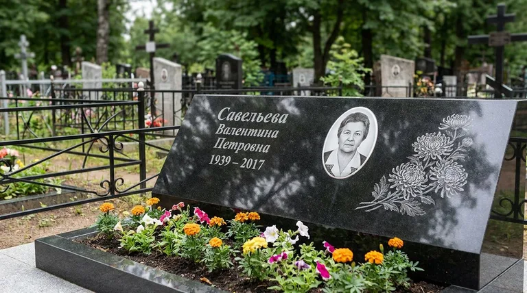 Памятник с гравировкой хризантем — выполненная работа «Савельева» в Южно-Сахалинске