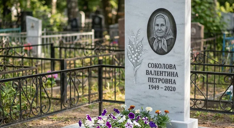 Памятник с гравировкой ландышей — выполненная работа «Соколова» в Южно-Сахалинске