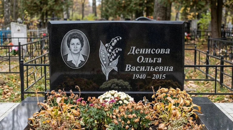 Памятник с гравировкой ландышей — выполненная работа «Денисова» в Южно-Сахалинске