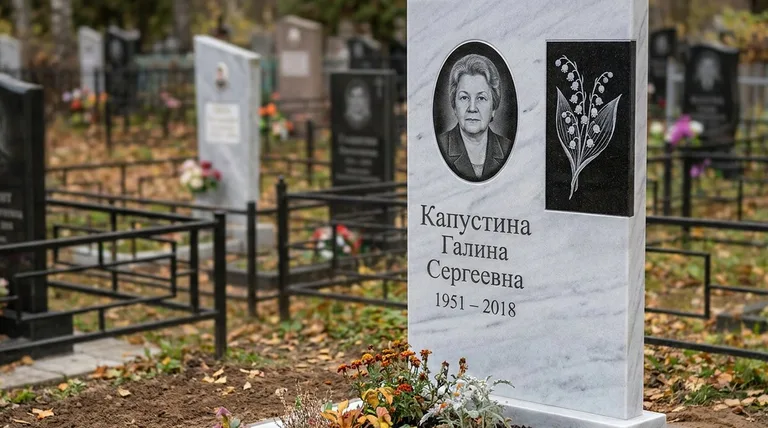 Памятник с гравировкой ландышей — выполненная работа «Капустина» в Южно-Сахалинске
