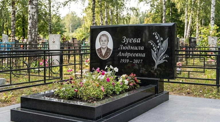 Памятник с гравировкой ландышей — выполненная работа «Зуева» в Южно-Сахалинске
