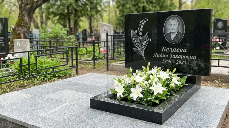 Памятник с гравировкой ландышей — выполненная работа «Беляева» в Южно-Сахалинске