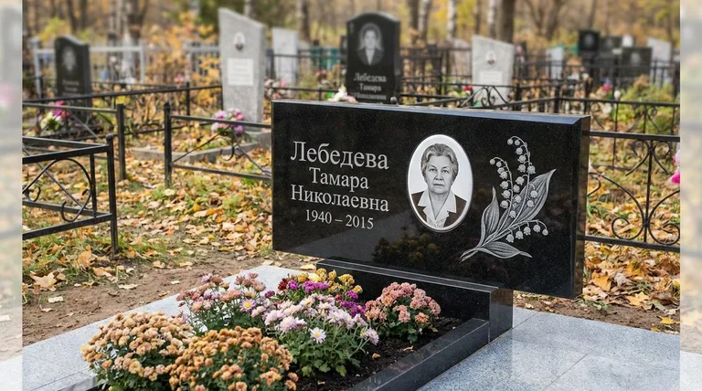 Памятник с гравировкой ландышей — выполненная работа «Лебедева» в Южно-Сахалинске