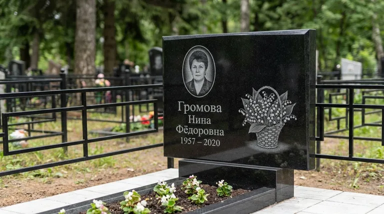 Памятник с гравировкой ландышей — выполненная работа «Громова» в Южно-Сахалинске