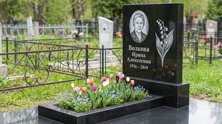 Памятник с гравировкой ландышей — выполненная работа «Волкова» в Южно-Сахалинске