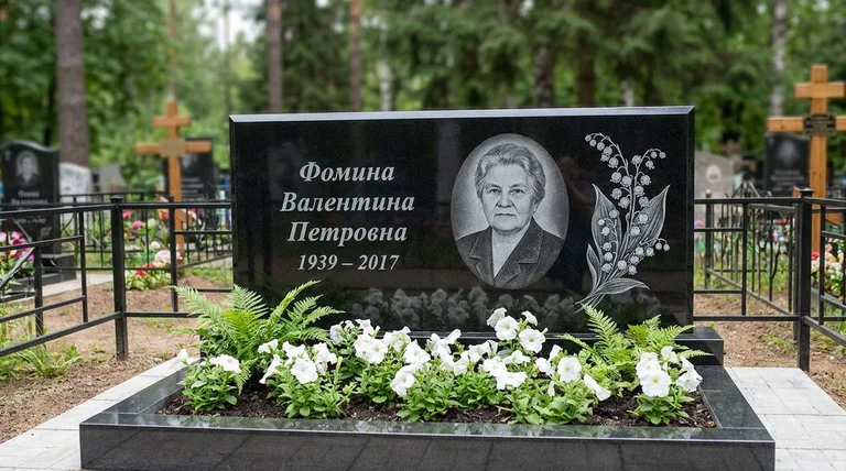 Памятник с гравировкой ландышей — выполненная работа «Фомина» в Южно-Сахалинске