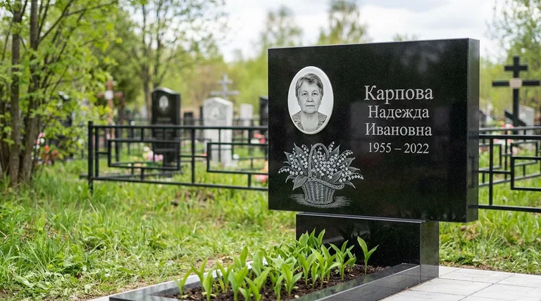 Памятник с гравировкой ландышей — выполненная работа «Карпова» в Южно-Сахалинске