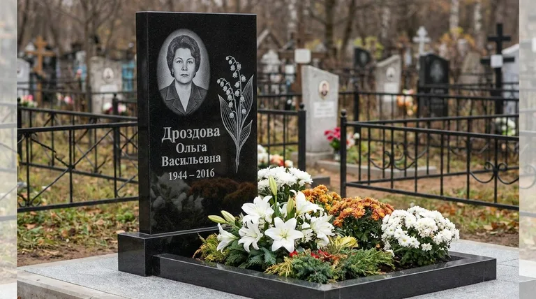 Памятник с гравировкой ландышей — выполненная работа «Дроздова» в Южно-Сахалинске