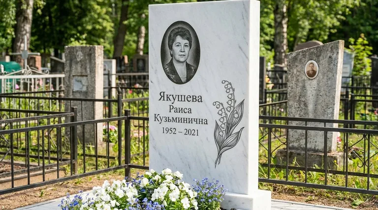 Памятник с гравировкой ландышей — выполненная работа «Якушева» в Южно-Сахалинске