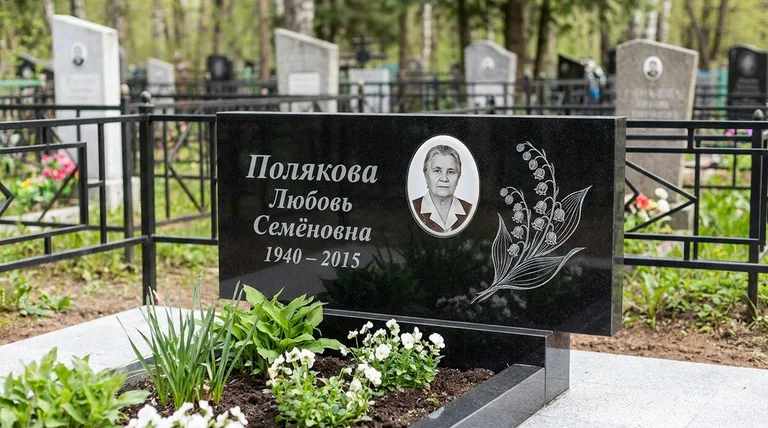 Памятник с гравировкой ландышей — выполненная работа «Полякова» в Южно-Сахалинске