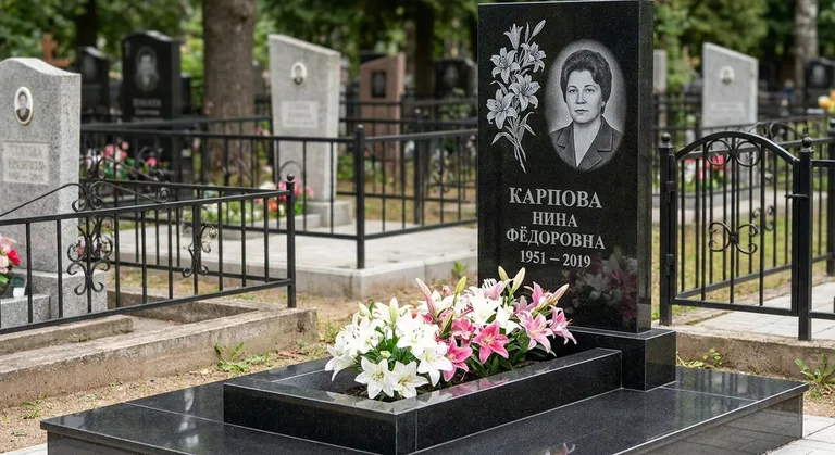 Памятник с гравировкой лилий — выполненная работа «Карпова» в Южно-Сахалинске