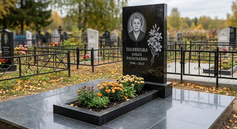 Памятник с гравировкой лилий — выполненная работа «Полякова» в Южно-Сахалинске