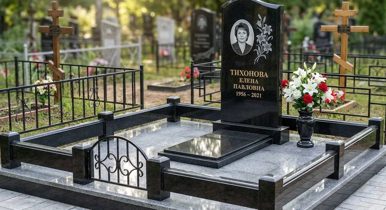 Памятник с гравировкой лилий — выполненная работа «Тихонова» в Южно-Сахалинске