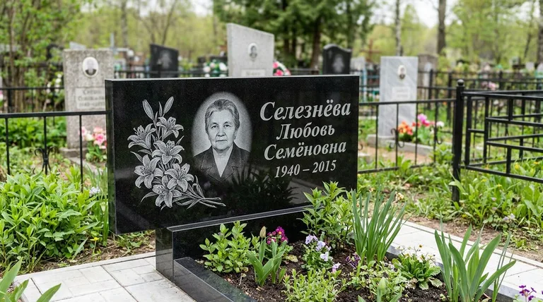 Памятник с гравировкой лилий — выполненная работа «Селезнёва» в Южно-Сахалинске