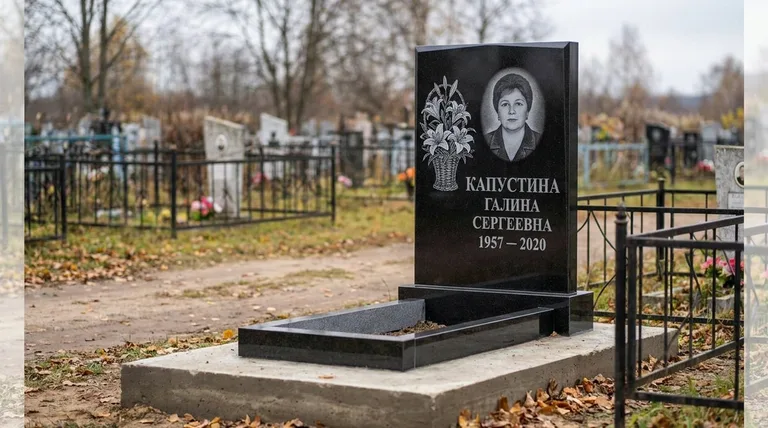 Памятник с гравировкой лилий — выполненная работа «Капустина» в Южно-Сахалинске