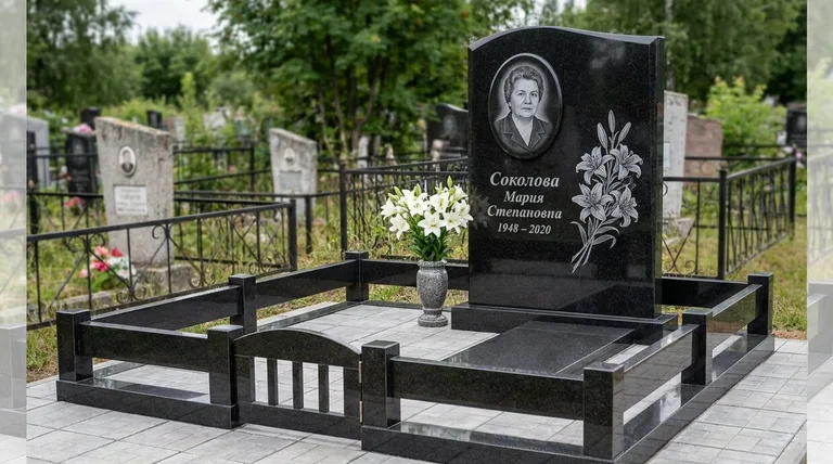 Памятник с гравировкой лилий — выполненная работа «Соколова» в Южно-Сахалинске