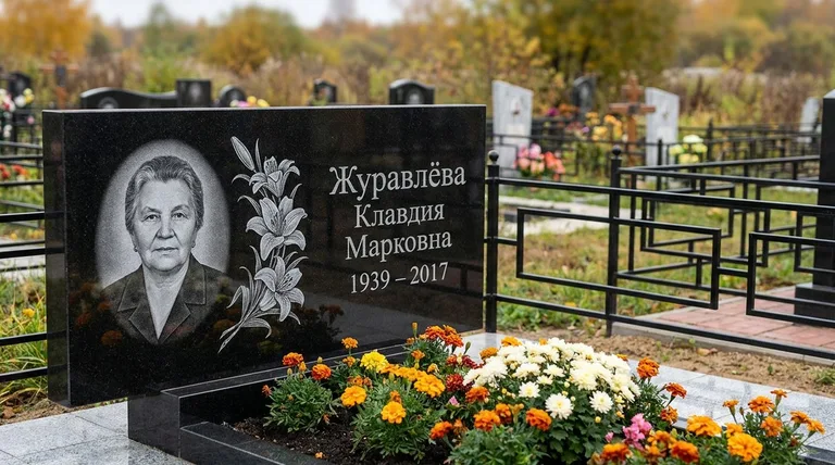 Памятник с гравировкой лилий — выполненная работа «Журавлёва» в Южно-Сахалинске