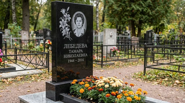 Памятник с гравировкой лилий — выполненная работа «Лебедева» в Южно-Сахалинске