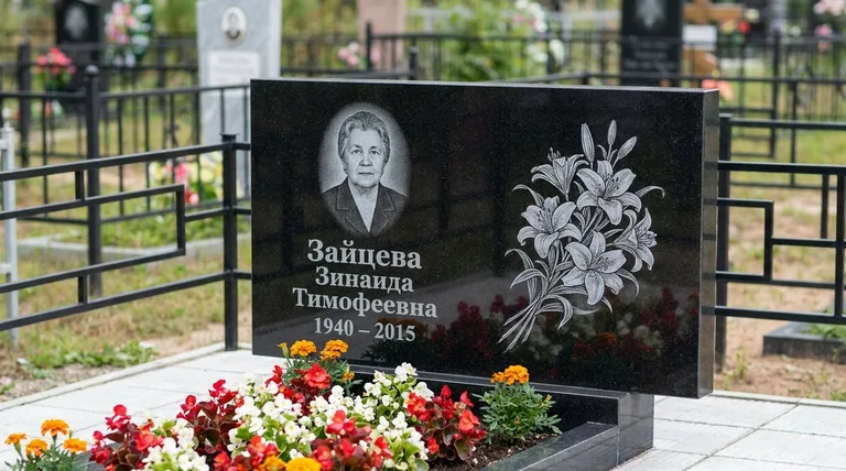Памятник с гравировкой лилий — выполненная работа «Зайцева» в Южно-Сахалинске