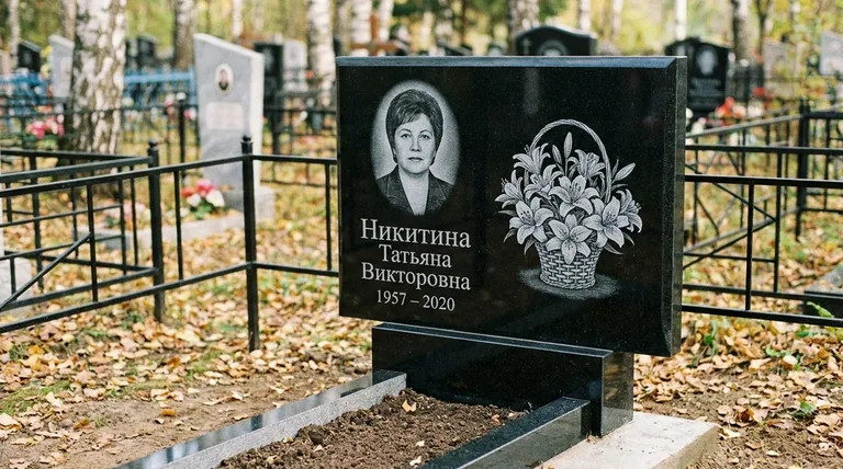 Памятник с гравировкой лилий — выполненная работа «Никитина» в Южно-Сахалинске