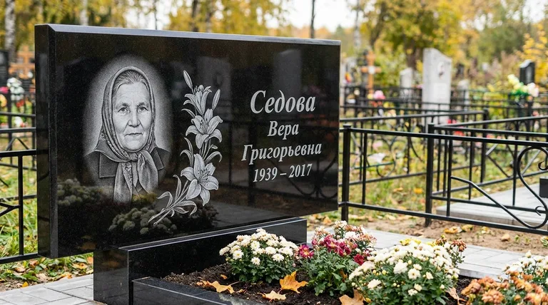 Памятник с гравировкой лилий — выполненная работа «Седова» в Южно-Сахалинске