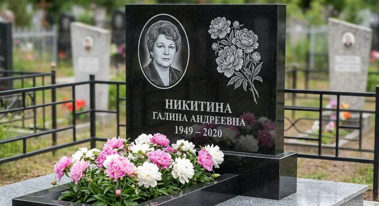 Памятник с гравировкой пионов — выполненная работа «Никитина» в Южно-Сахалинске