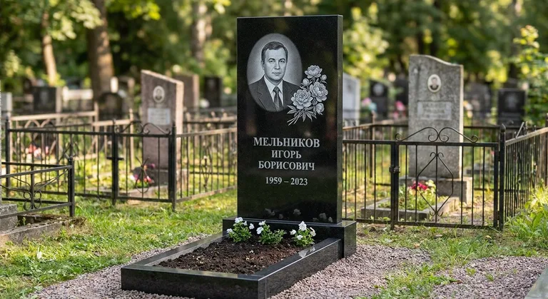 Памятник с гравировкой пионов — выполненная работа «Мельников» в Южно-Сахалинске