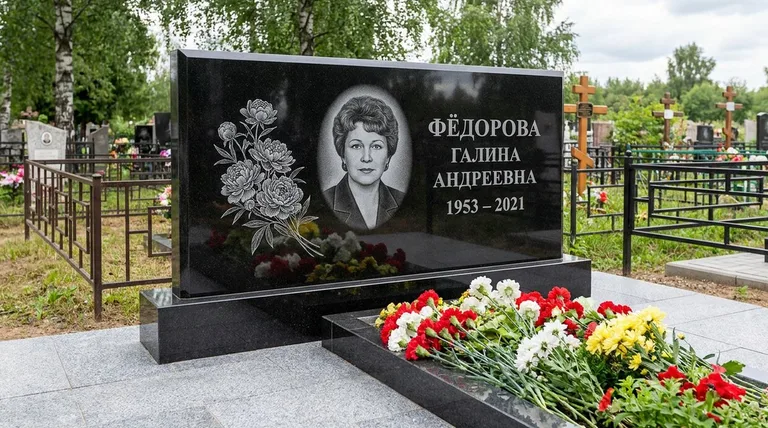 Памятник с гравировкой пионов — выполненная работа «Фёдорова» в Южно-Сахалинске