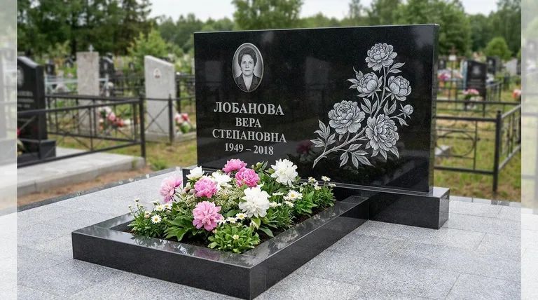 Памятник с гравировкой пионов — выполненная работа «Лобанова» в Южно-Сахалинске