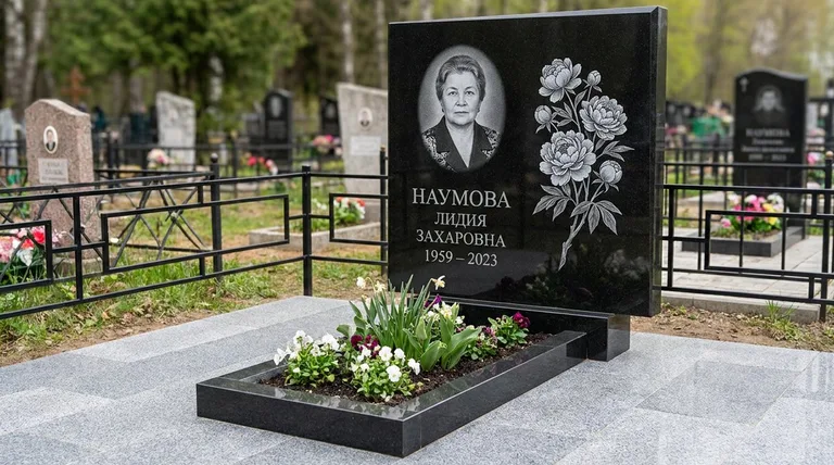 Памятник с гравировкой пионов — выполненная работа «Наумова» в Южно-Сахалинске