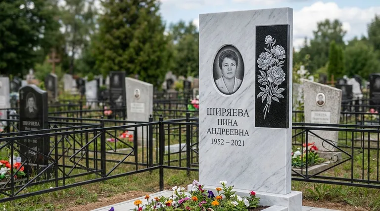 Памятник с гравировкой пионов — выполненная работа «Ширяева» в Южно-Сахалинске