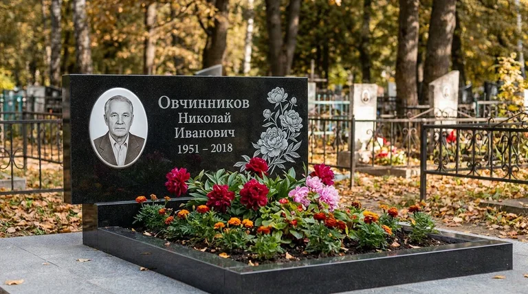 Памятник с гравировкой пионов — выполненная работа «Овчинников» в Южно-Сахалинске