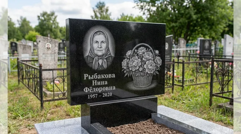 Памятник с гравировкой пионов — выполненная работа «Рыбакова» в Южно-Сахалинске