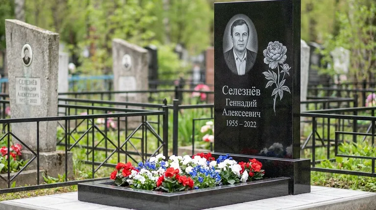 Памятник с гравировкой пионов — выполненная работа «Селезнёв» в Южно-Сахалинске