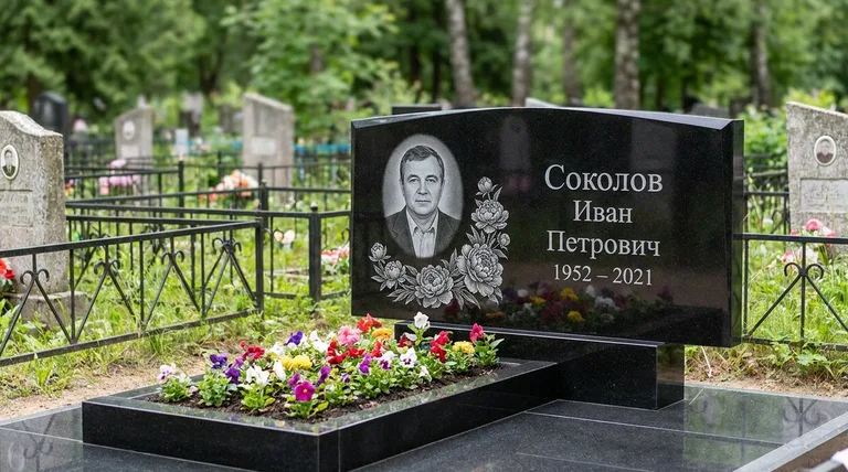 Памятник с гравировкой пионов — выполненная работа «Соколов» в Южно-Сахалинске