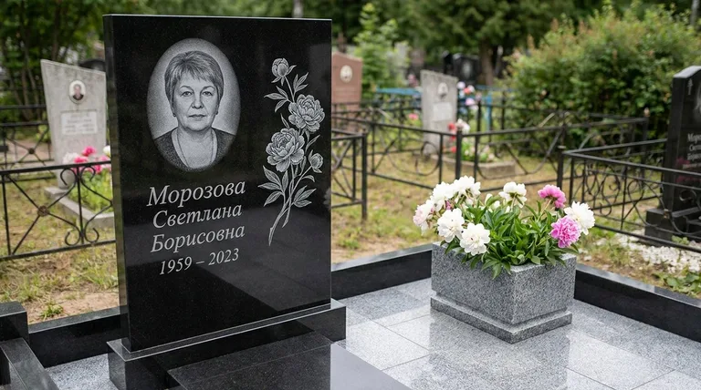 Памятник с гравировкой пионов — выполненная работа «Морозова» в Южно-Сахалинске
