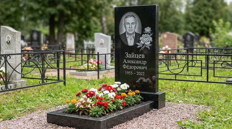 Памятник с гравировкой пионов — выполненная работа «Зайцев» в Южно-Сахалинске