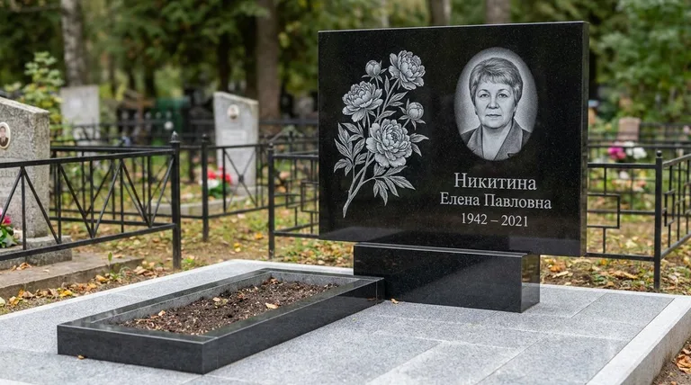 Памятник с гравировкой пионов — выполненная работа «Никитина» в Южно-Сахалинске